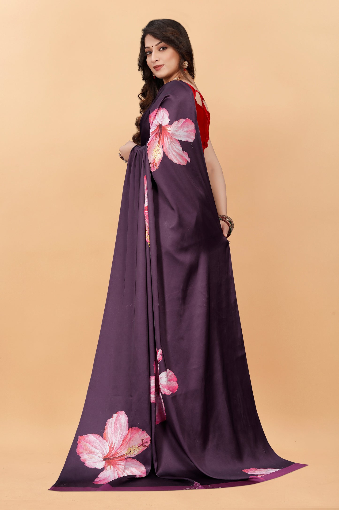 Wine Color  Flower  Printed Satin Silk Saree