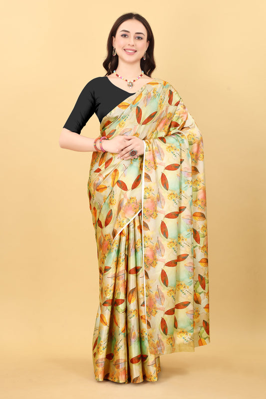 Yellow Flower  Printed Satin Silk Saree