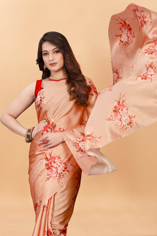 Orange Floral Digital Printed Satin Silk Saree