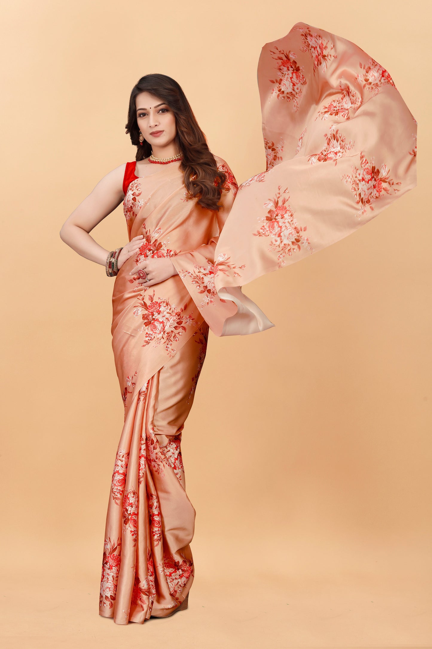 Orange Floral Digital Printed Satin Silk Saree