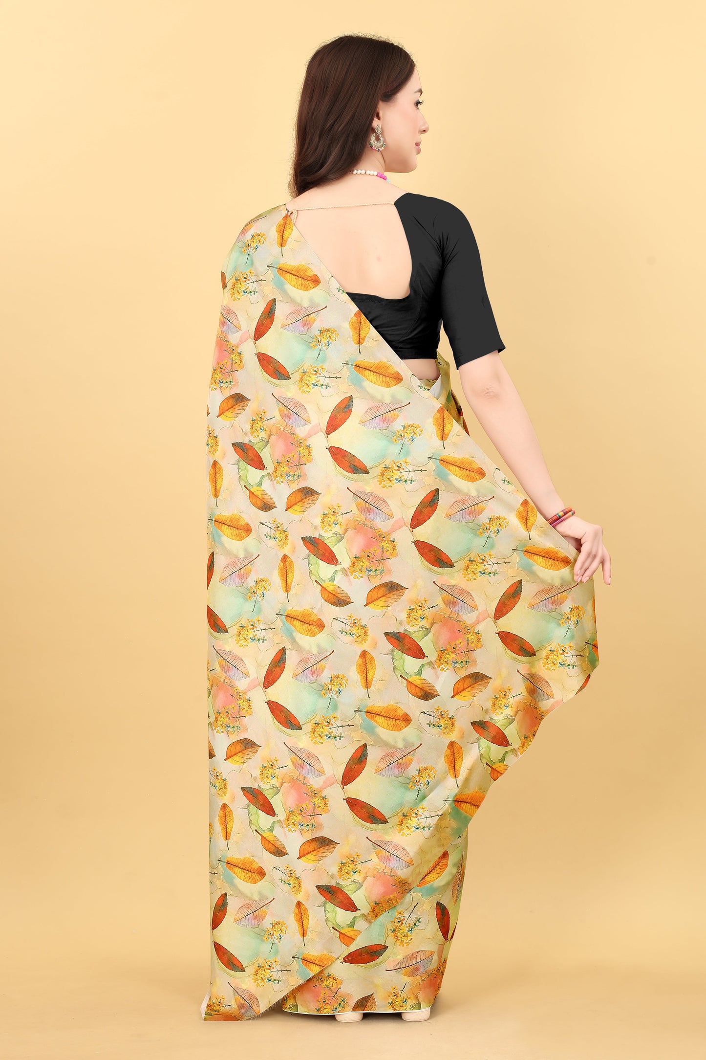 Yellow Flower  Printed Satin Silk Saree