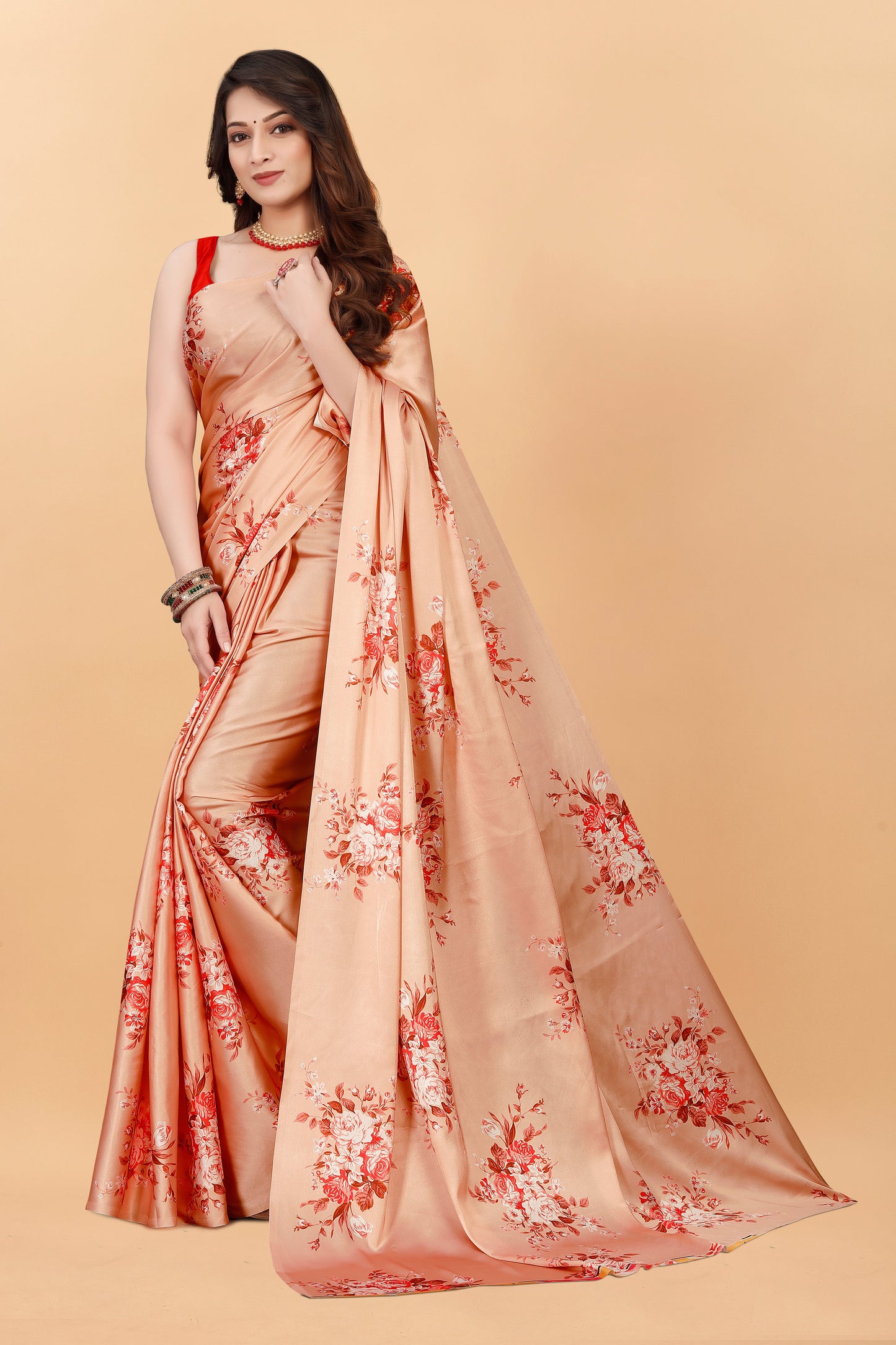 Orange Floral Digital Printed Satin Silk Saree