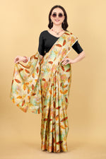 Yellow Flower  Printed Satin Silk Saree