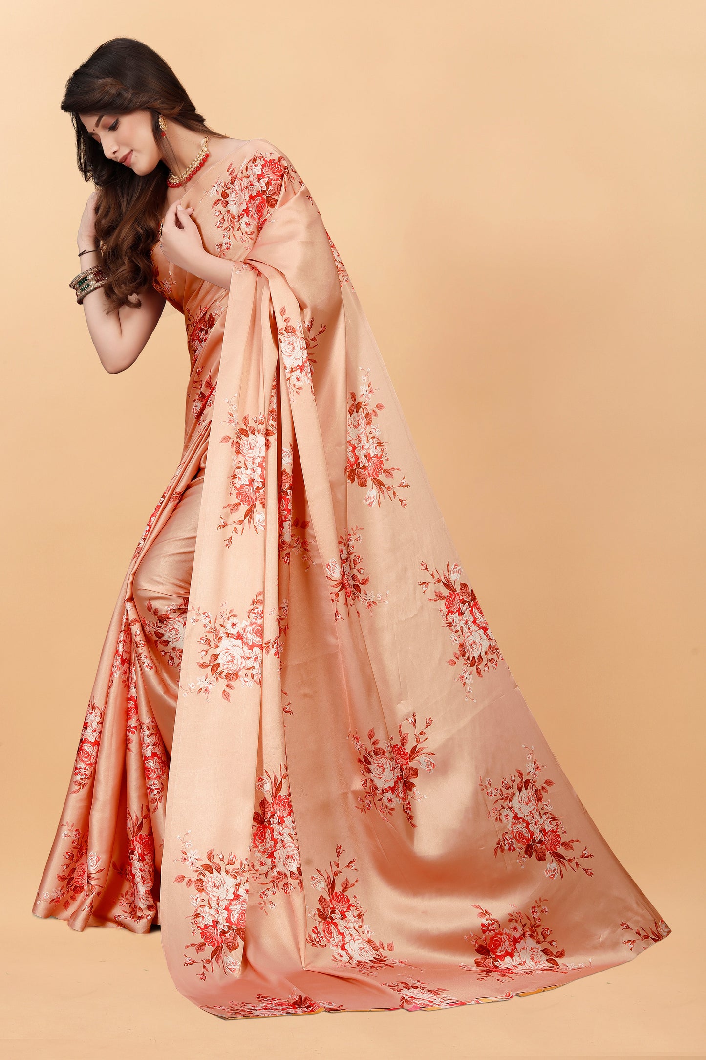 Orange Floral Digital Printed Satin Silk Saree