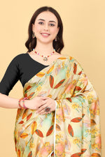 Yellow Flower  Printed Satin Silk Saree