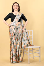 Majestic Grey Color Printed Satin Silk Saree