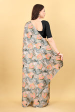 Majestic Grey Color Printed Satin Silk Saree