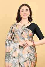 Majestic Grey Color Printed Satin Silk Saree