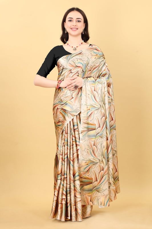 Cream Floral Leaf Printed Satin Silk Saree