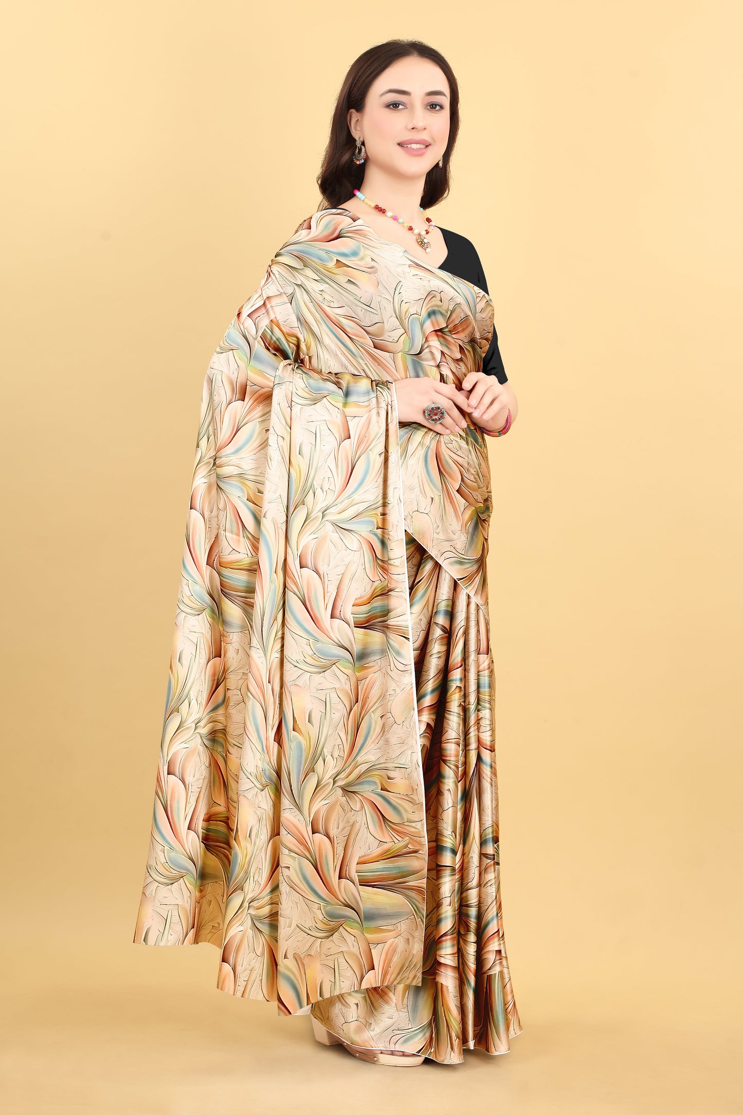 Cream Floral Leaf Printed Satin Silk Saree