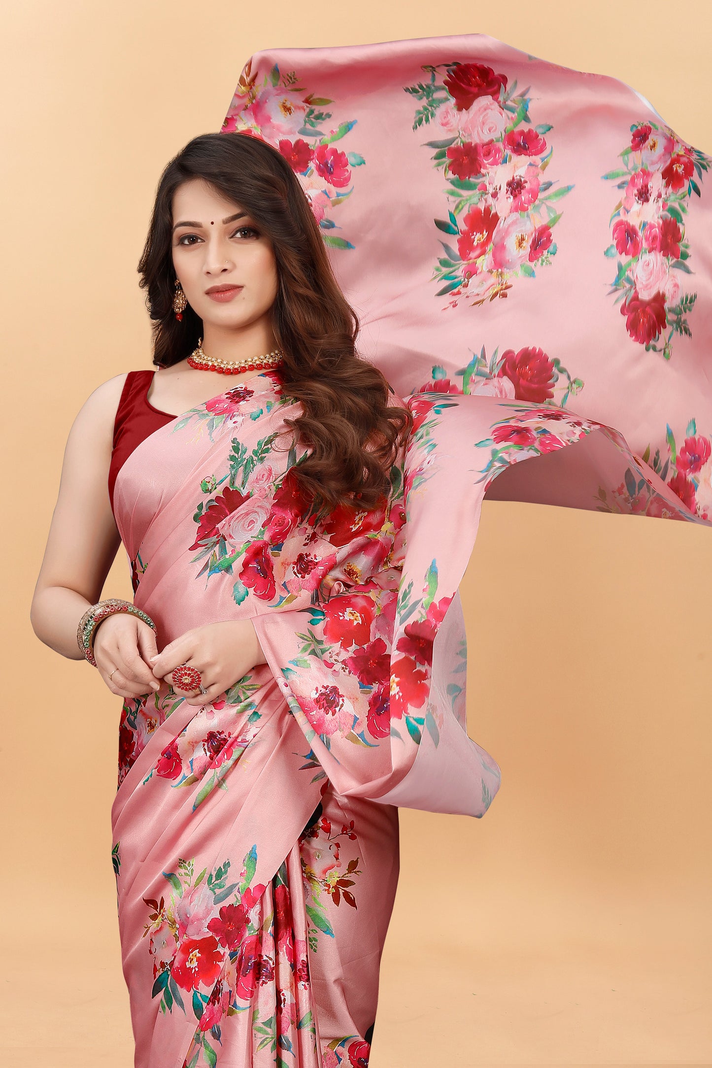 Latest Festival Floral Peach Color Satin Silk Saree