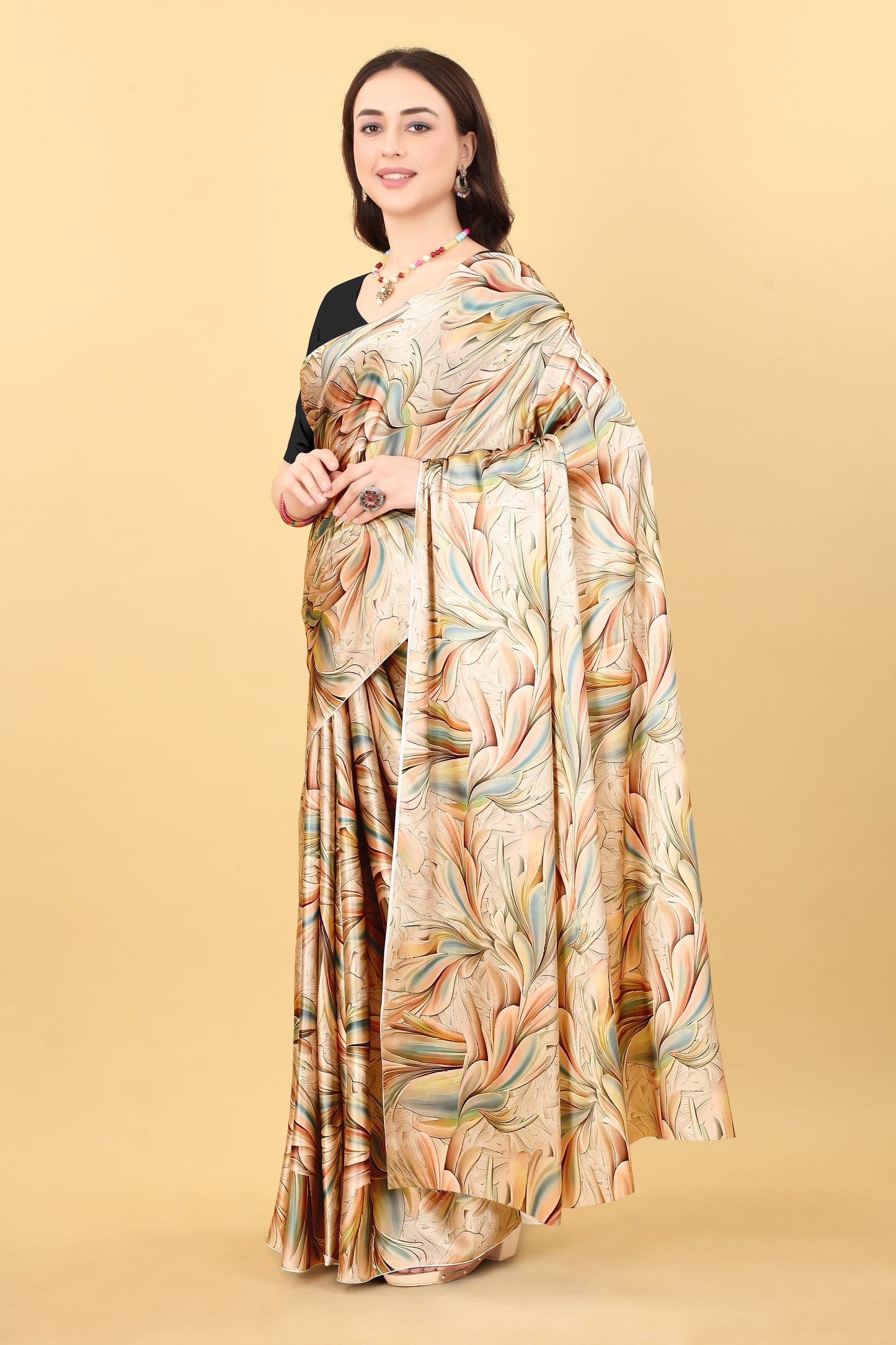 Cream Floral Leaf Printed Satin Silk Saree