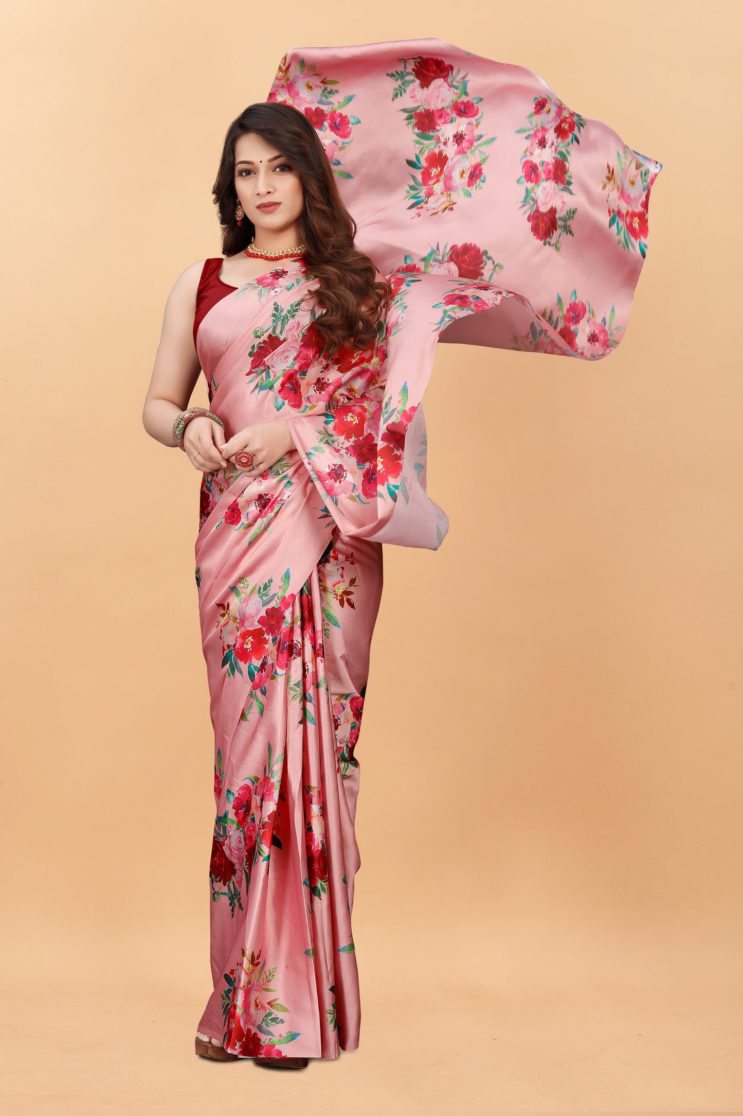 Latest Festival Floral Peach Color Satin Silk Saree