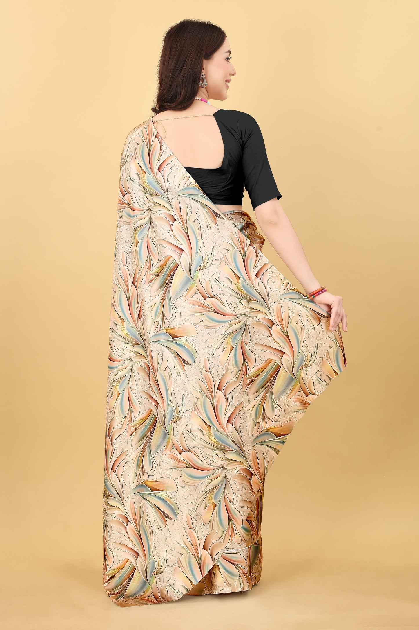 Cream Floral Leaf Printed Satin Silk Saree