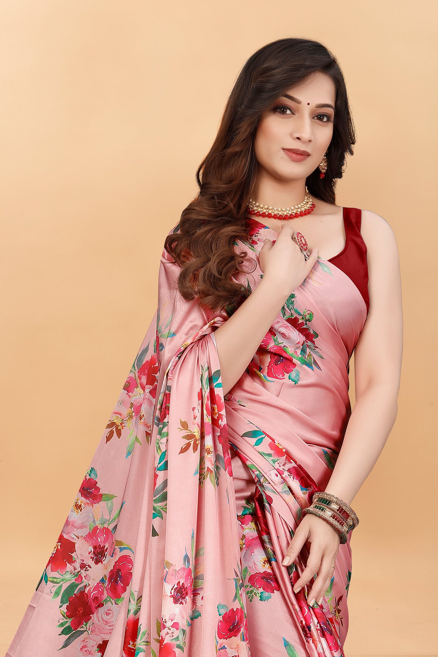 Latest Festival Floral Peach Color Satin Silk Saree