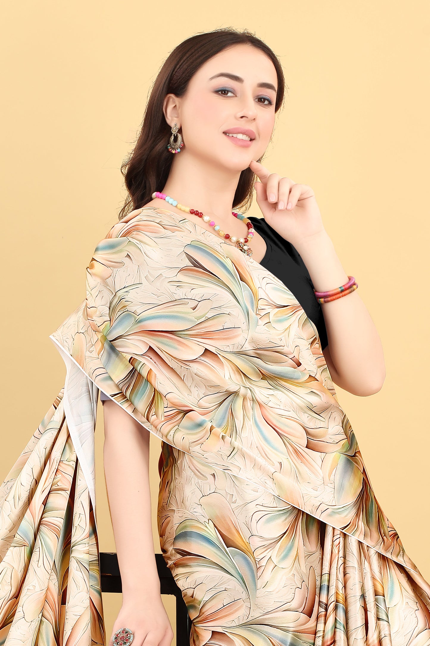 Cream Floral Leaf Printed Satin Silk Saree