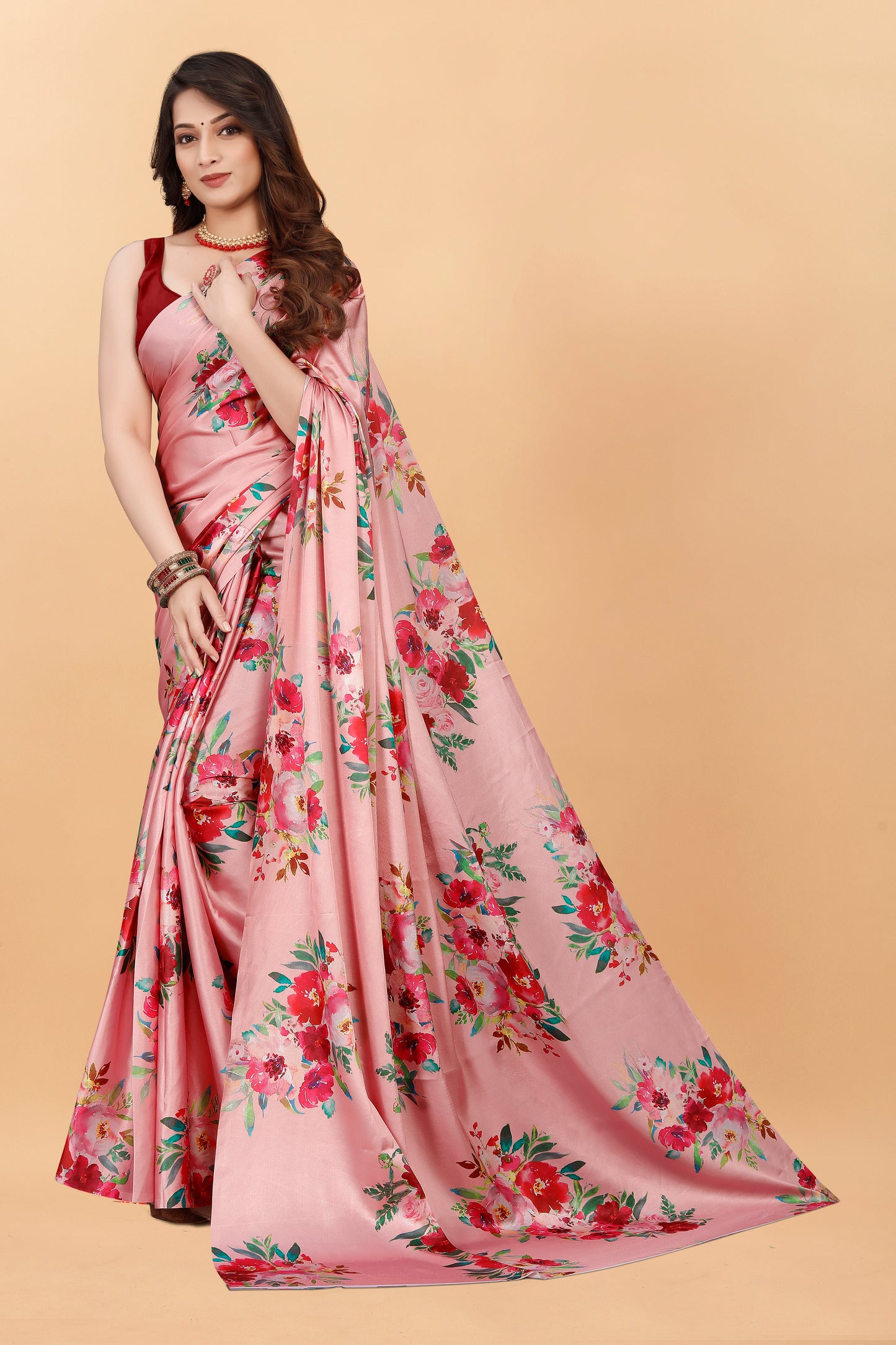 Latest Festival Floral Peach Color Satin Silk Saree