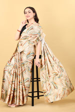 Cream Floral Leaf Printed Satin Silk Saree