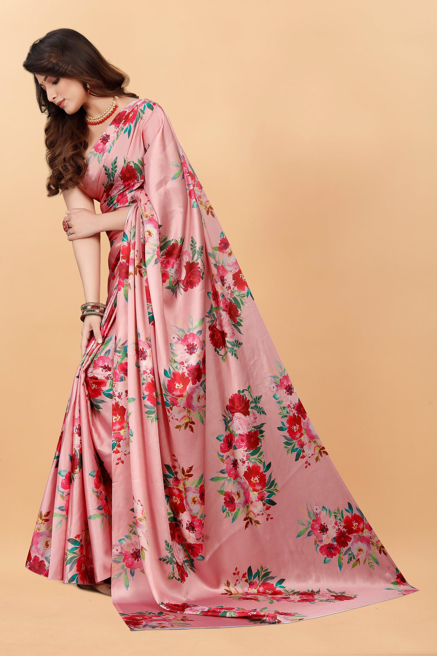 Latest Festival Floral Peach Color Satin Silk Saree