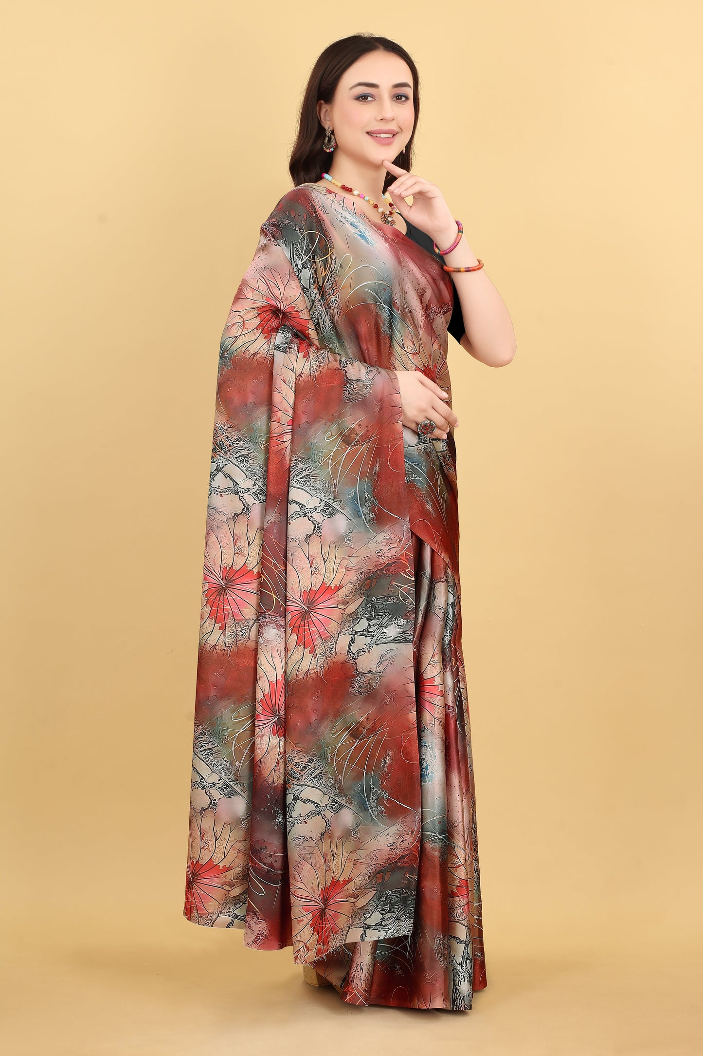 Majestic Maroon Color Printed Satin Silk Saree