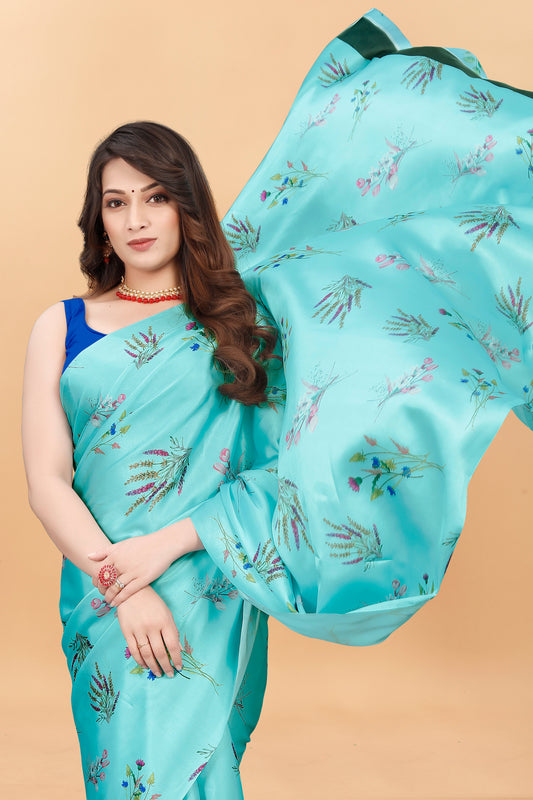 Banarasi Floral Printed  Satin Silk Saree