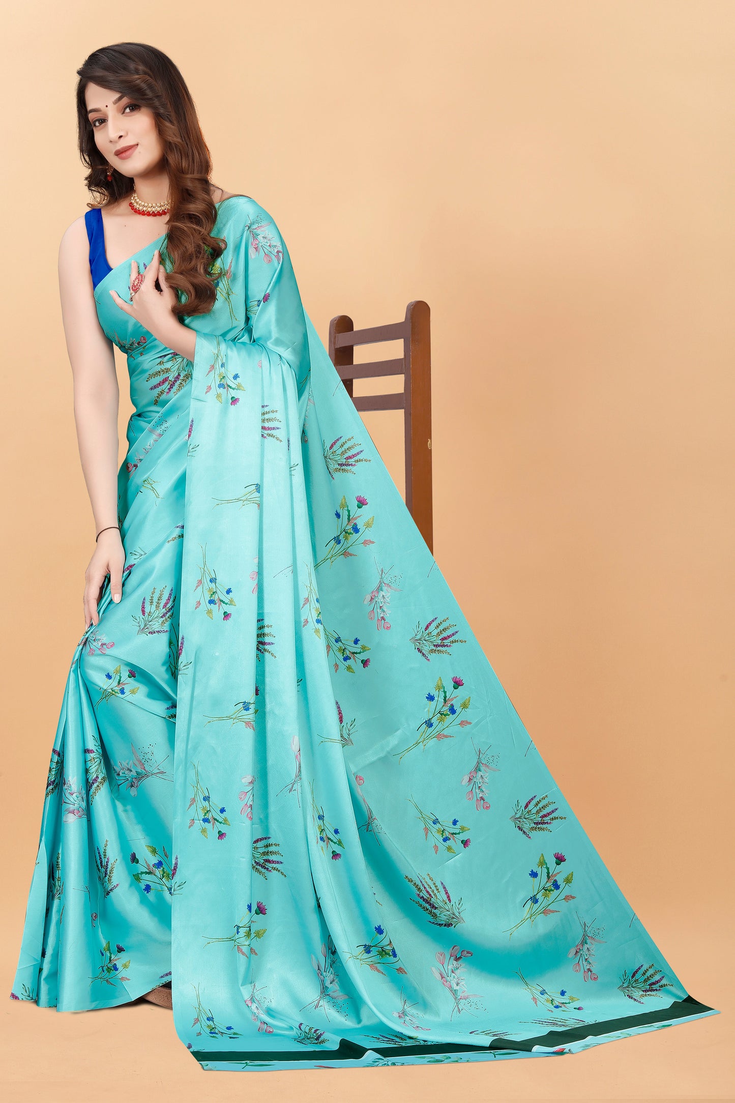 Banarasi Floral Printed  Satin Silk Saree