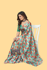 Green Color Floral Printed Satin Saree