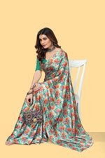 Green Color Floral Printed Satin Saree