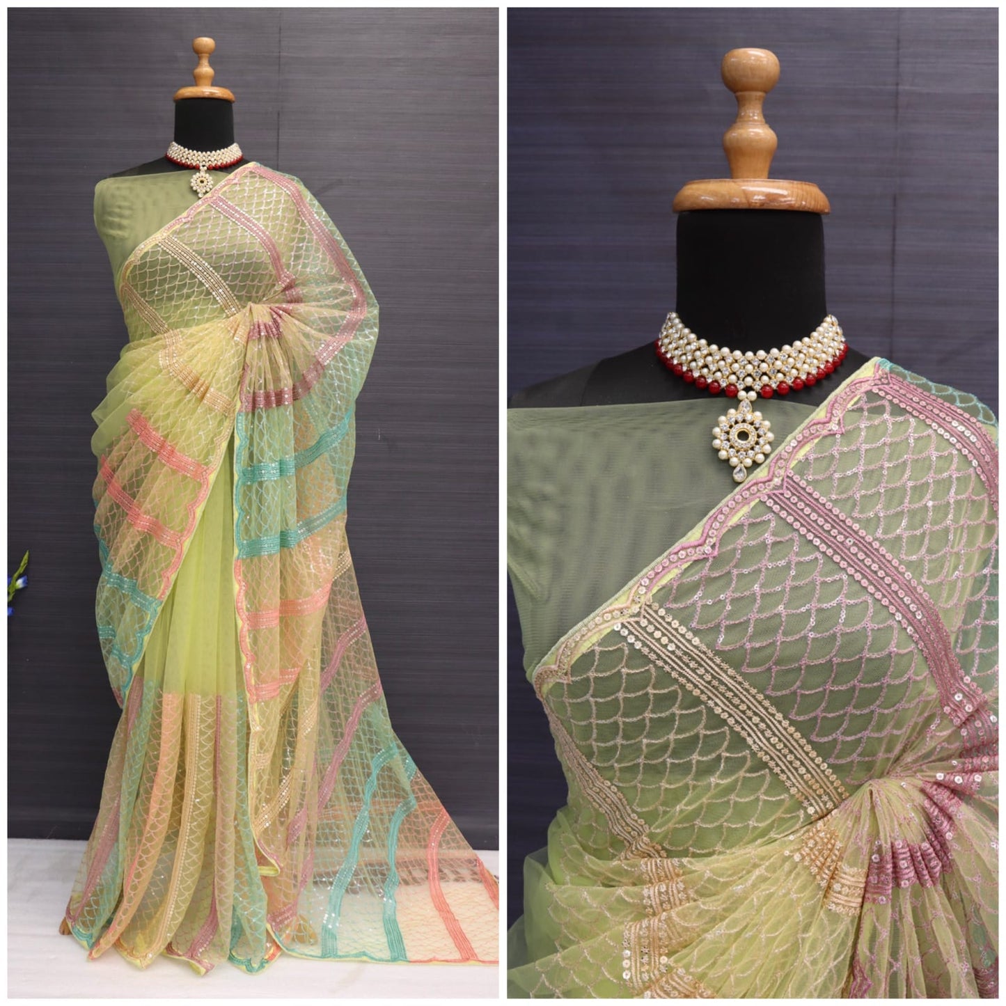 Fancy Work Butterfly Net Sky Colour Saree