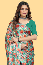 Green Color Floral Printed Satin Saree