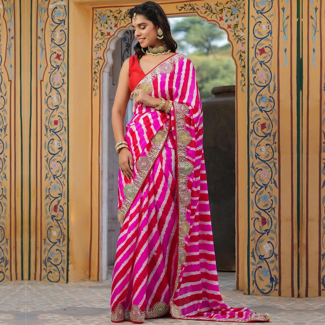 Designer Leheriya Pink Colour Silk Saree