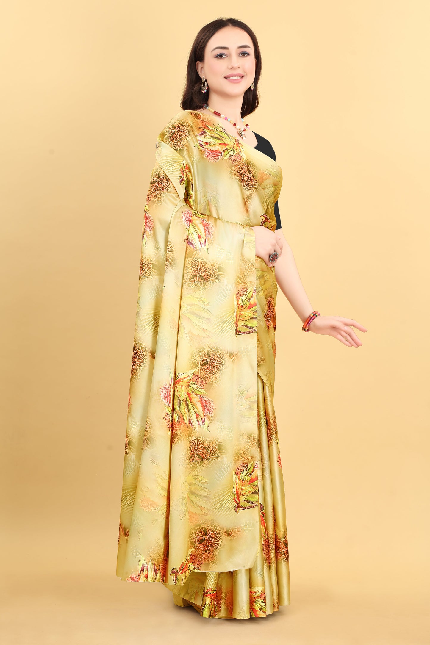 Mustard Yellow Color  Printed Satin Silk Saree