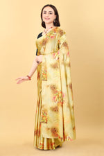 Mustard Yellow Color  Printed Satin Silk Saree