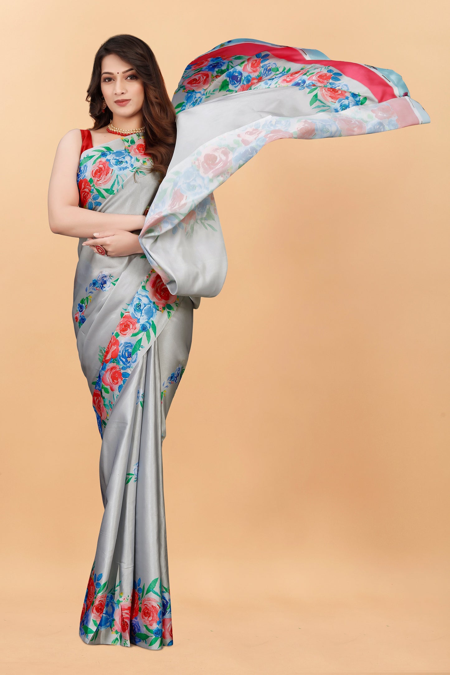 Party Wear Gray Color Printed  Satin Silk Saree