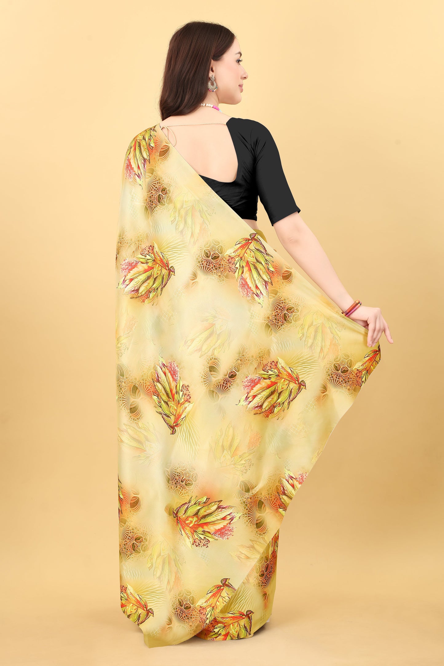 Mustard Yellow Color  Printed Satin Silk Saree