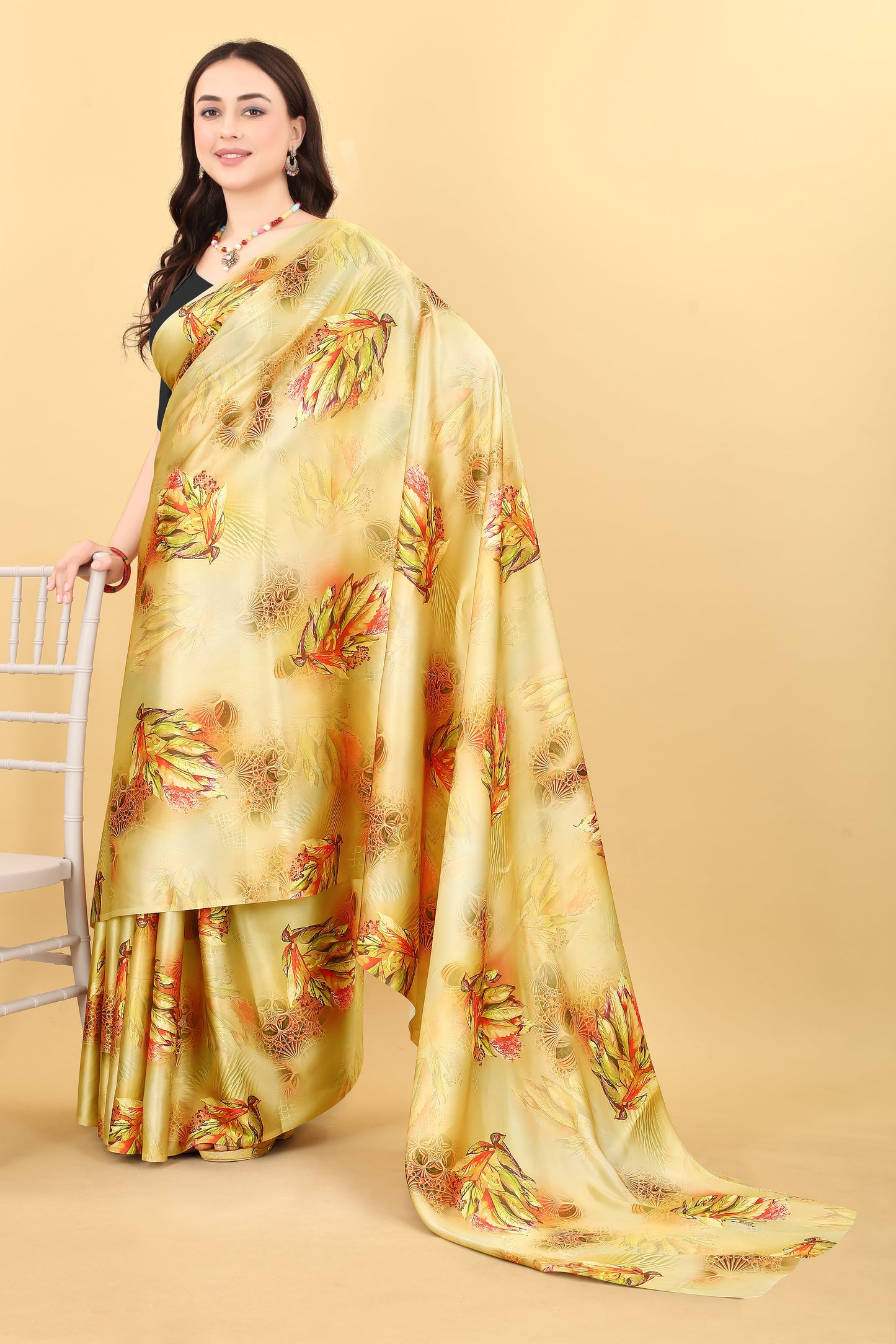 Mustard Yellow Color  Printed Satin Silk Saree