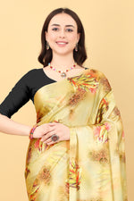 Mustard Yellow Color  Printed Satin Silk Saree