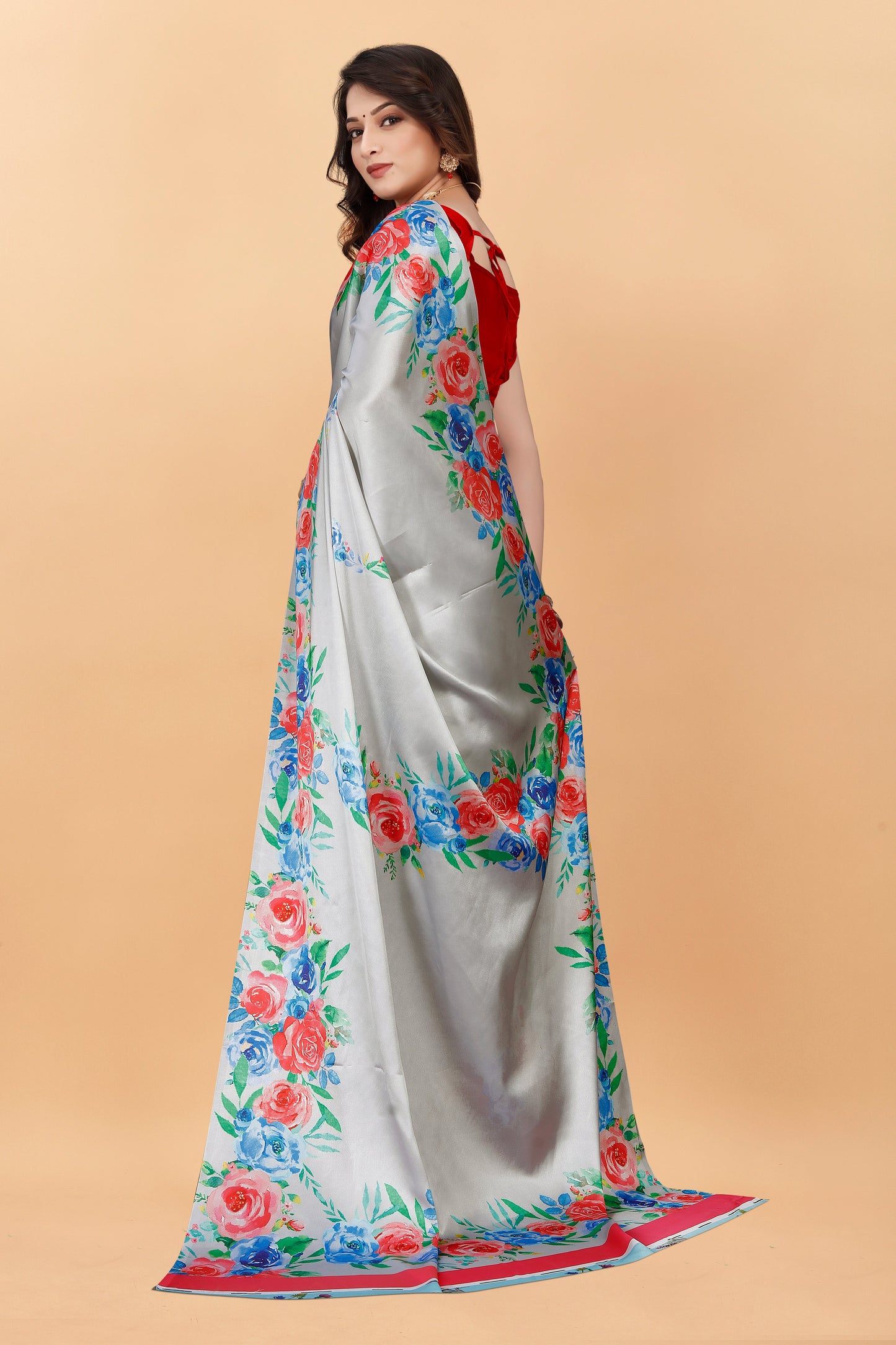 Party Wear Gray Color Printed  Satin Silk Saree