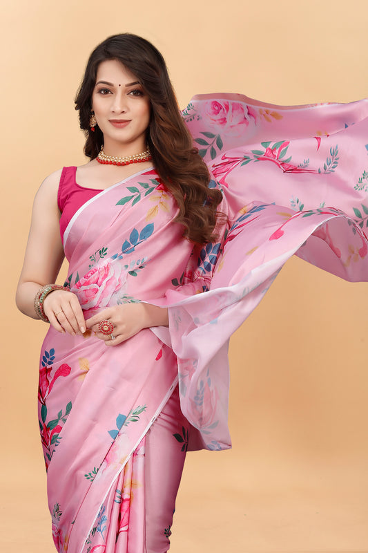 Fancy Pink Floral Printed  Satin Silk Saree