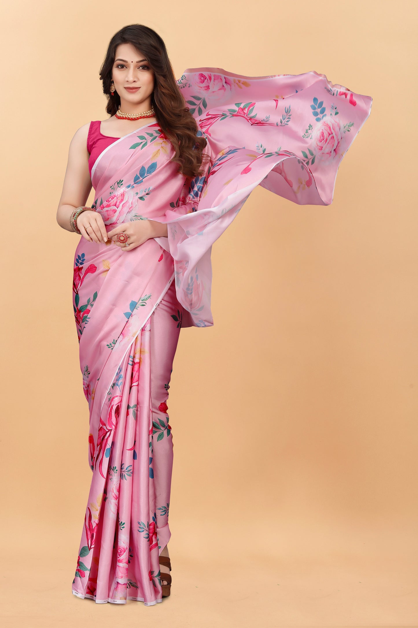 Fancy Pink Floral Printed  Satin Silk Saree