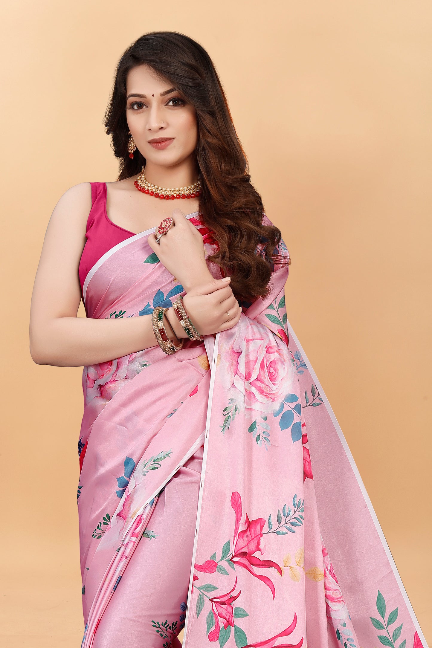 Fancy Pink Floral Printed  Satin Silk Saree