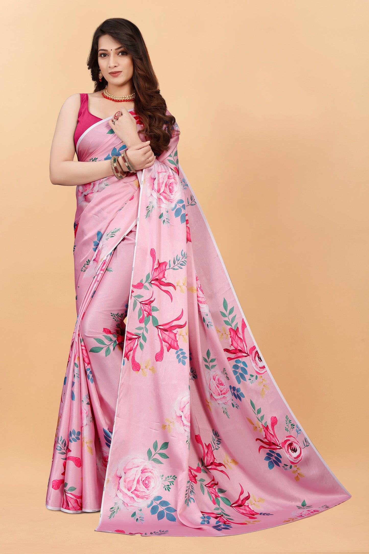 Fancy Pink Floral Printed  Satin Silk Saree