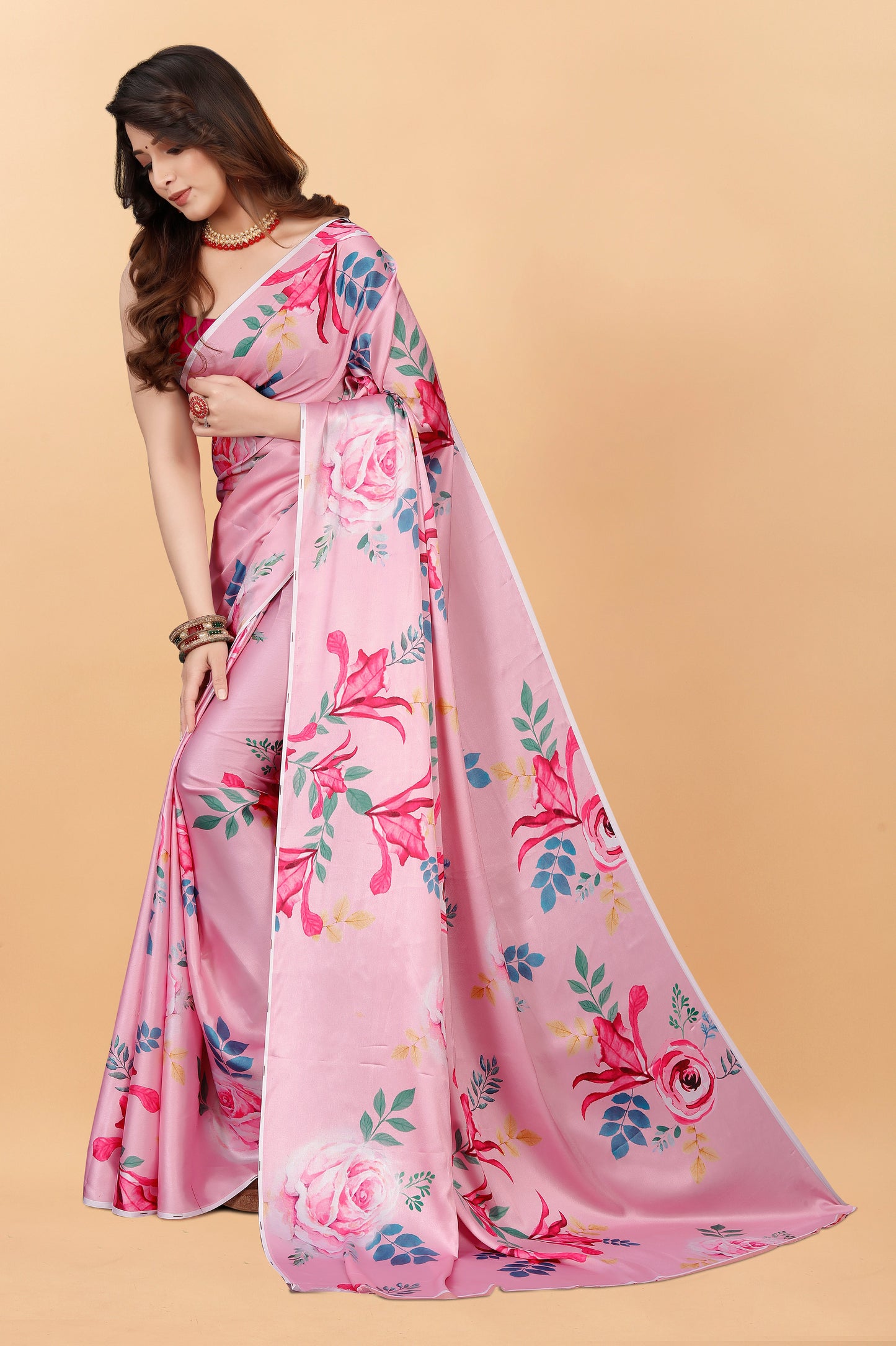 Fancy Pink Floral Printed  Satin Silk Saree