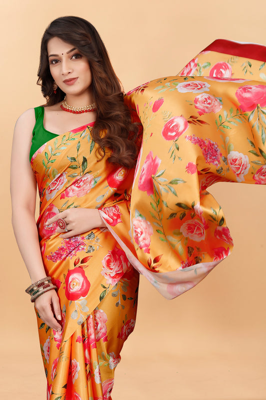 Orange Color Red Flower Printed Satin Silk Saree