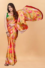 Orange Color Red Flower Printed Satin Silk Saree