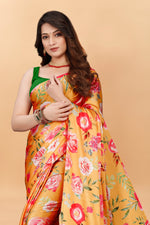 Orange Color Red Flower Printed Satin Silk Saree