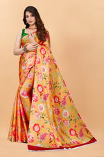 Orange Color Red Flower Printed Satin Silk Saree