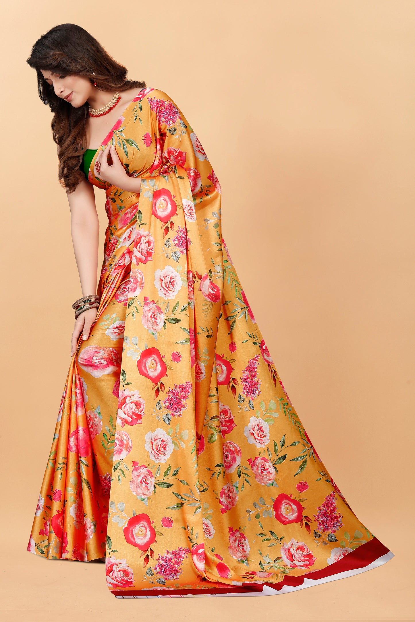 Orange Color Red Flower Printed Satin Silk Saree