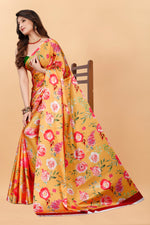 Orange Color Red Flower Printed Satin Silk Saree