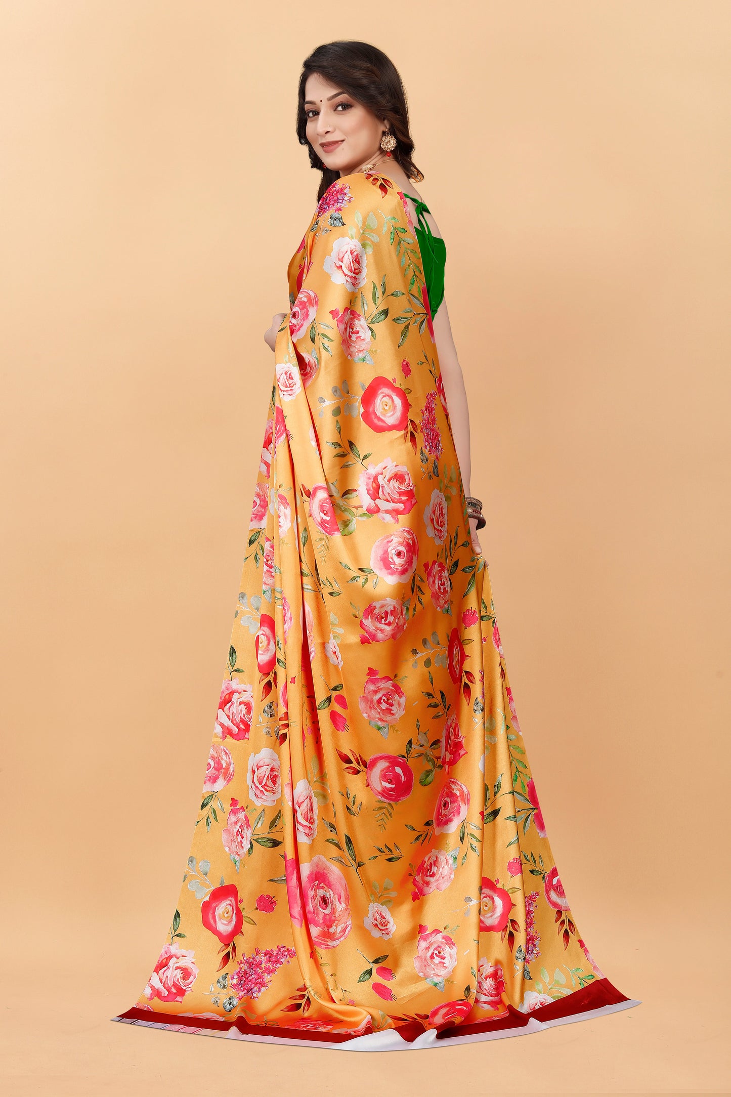 Orange Color Red Flower Printed Satin Silk Saree